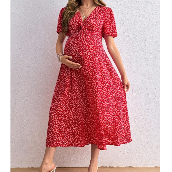 Maternity Floral Print Twist Front Butterfly Sleeve Dress - Picture 3 of 5